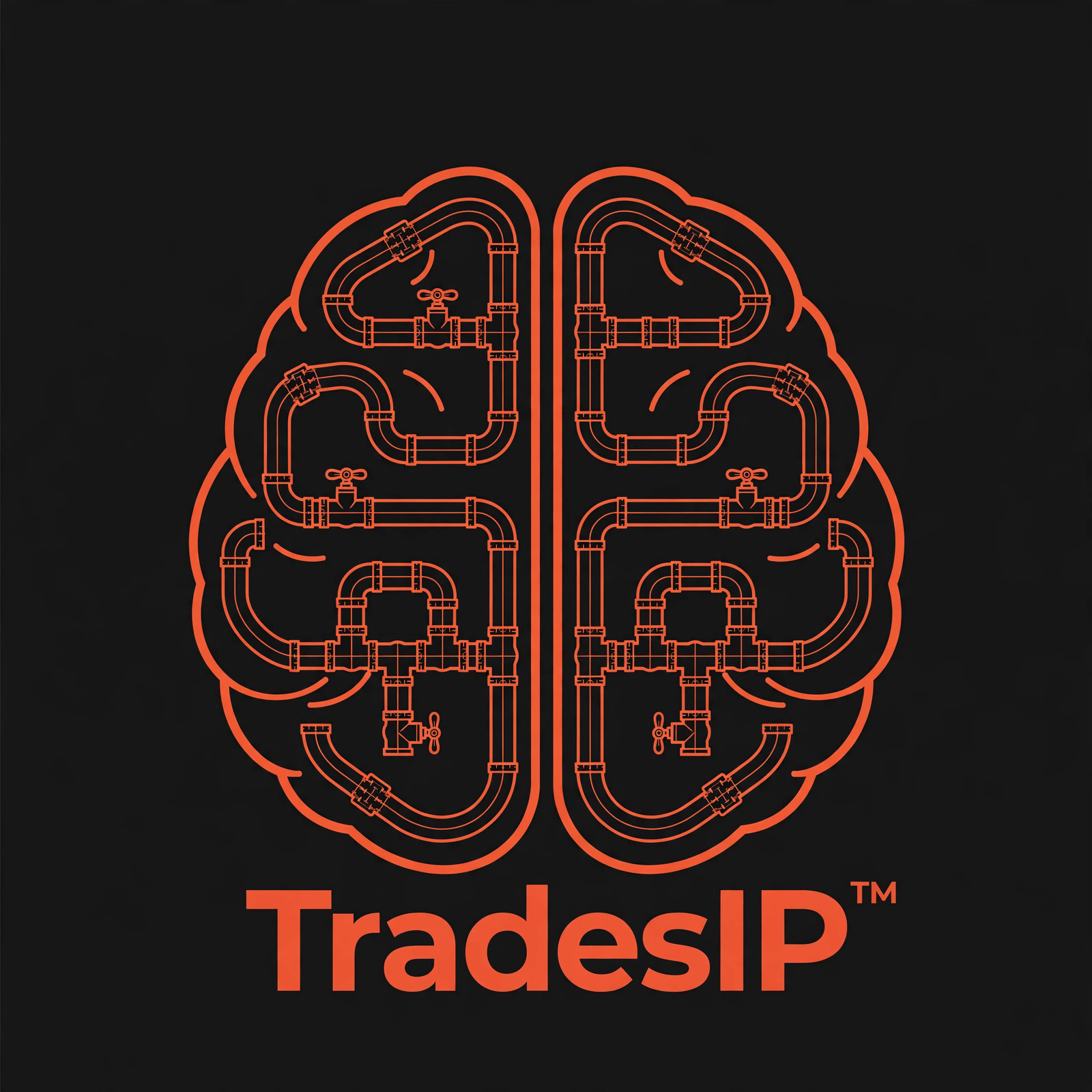 TradesIP™ — brain made of plumbing pipe runs, drawn like a blueprint